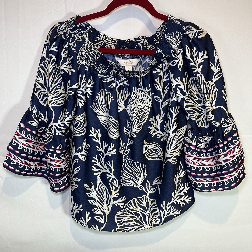 Lilly Pulitzer Off Shoulder Top Womens‎ XS Extra Small Blue Nautical Peasant